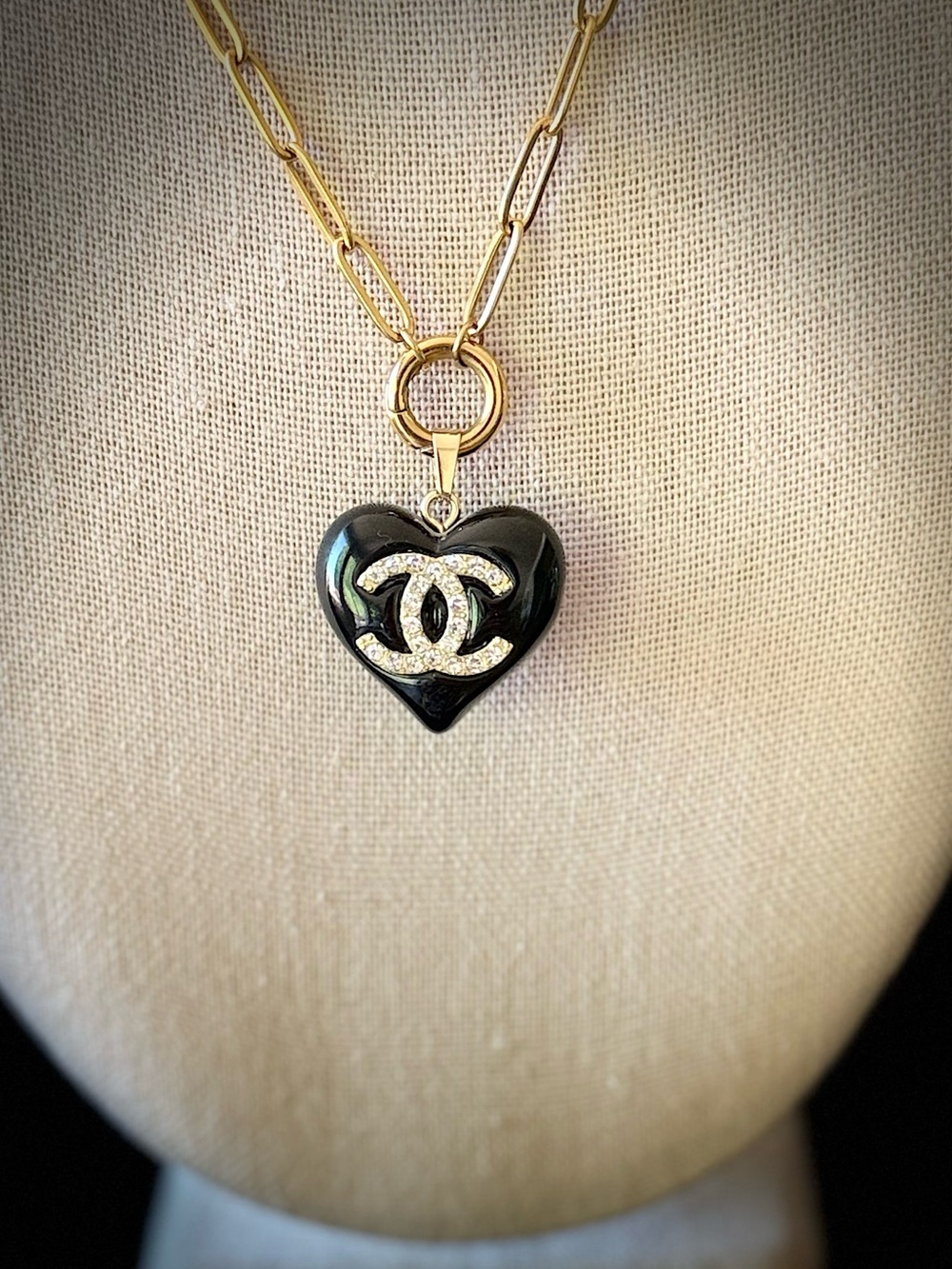 Gold 18” Chain Necklace with Black Heart and Crystal logo